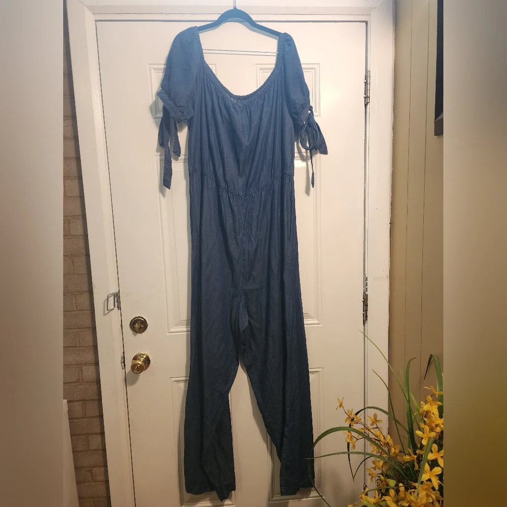 Truth Blue Denim Cold-Shoulder Jumpsuit with Tie Accents